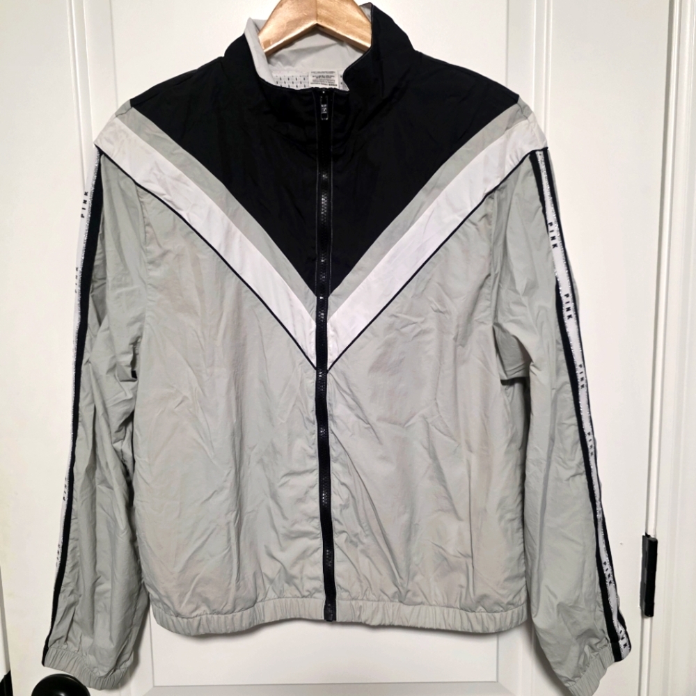 Pink Windbreaker Jacket Gray Black And White M Full Zip